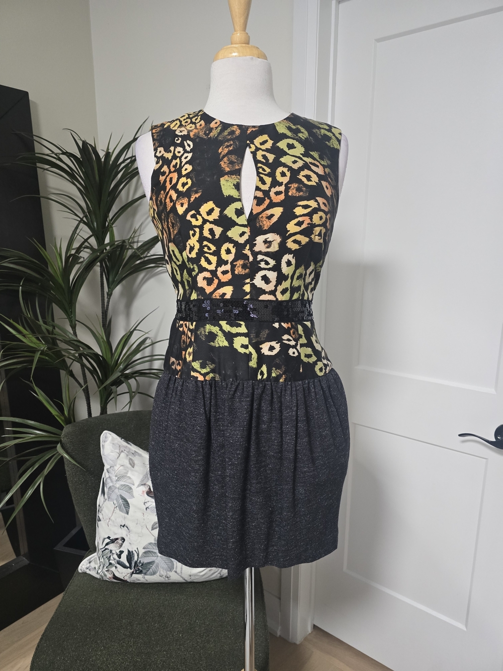 RACHEL Rachel Roy Black Mini Dress with Neon Leopard Print